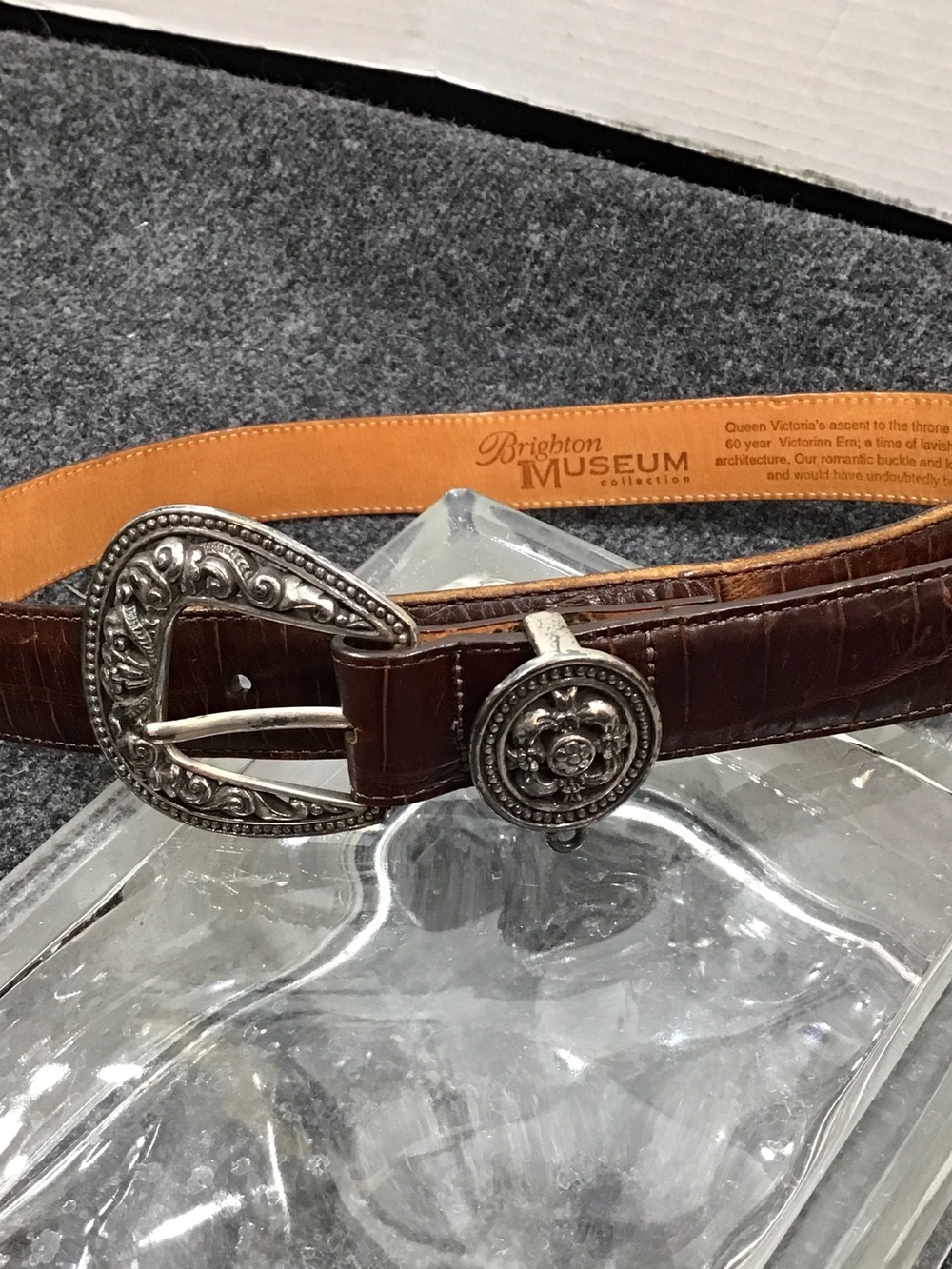Vintage 90’s Brighton Museum Coll Brown Croc-Embossed Leather Belt silver scroll